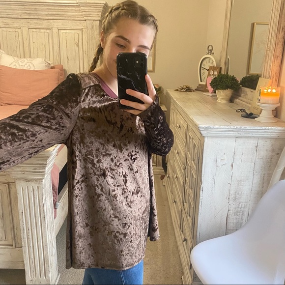 NWT VOICE OF CALIFORNIA VELVET LACE BLOUSE BROWN - Picture 4 of 5